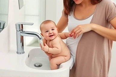 Mother using baby bidet for gentle cleaning